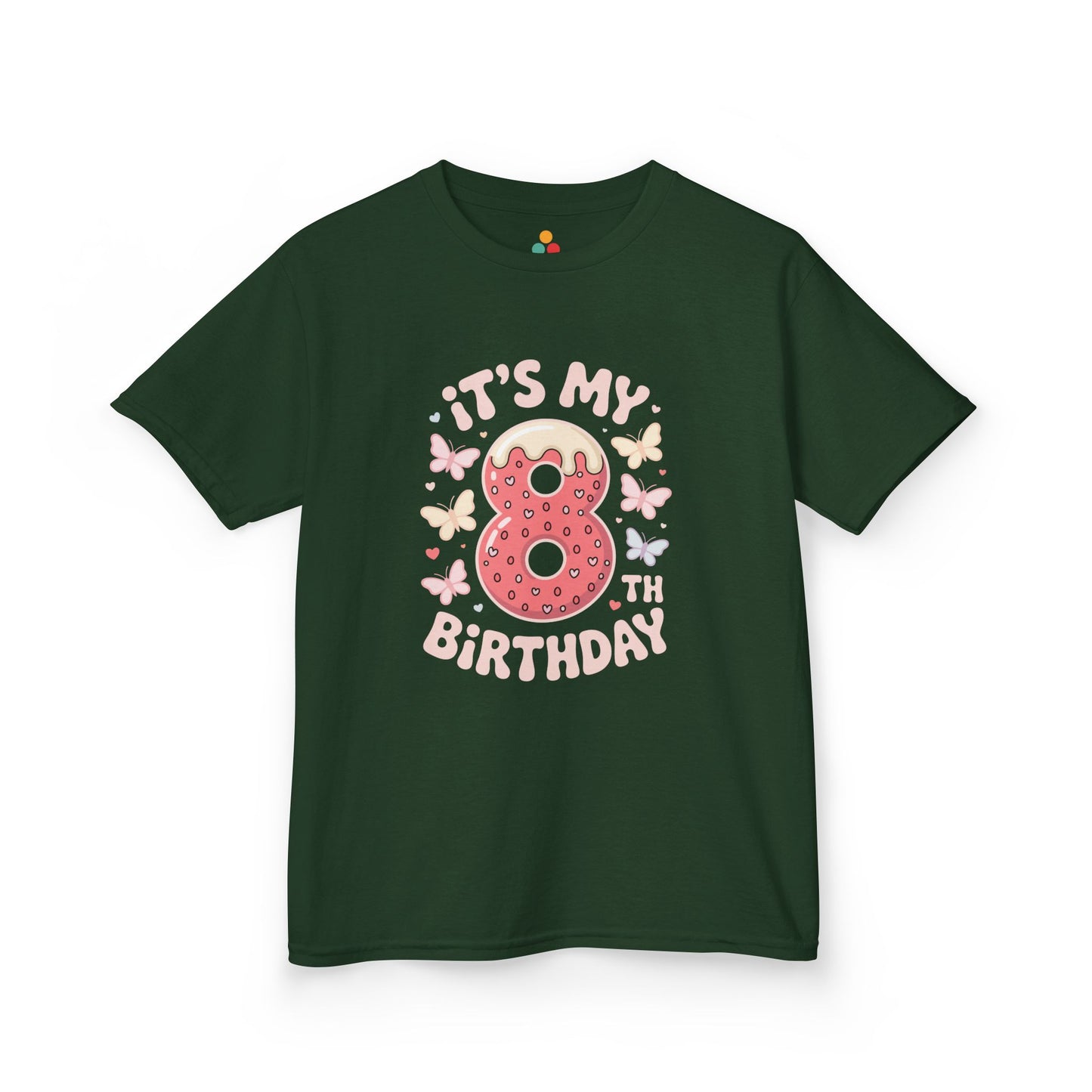 “Forest green 8th birthday t‑shirt with donut number 8 and butterflies, ‘It’s My Birthday’ text, front view.”


