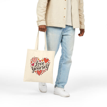 Positive affirmation Love Yourself heart design displayed on a TEEZOCA tote bag