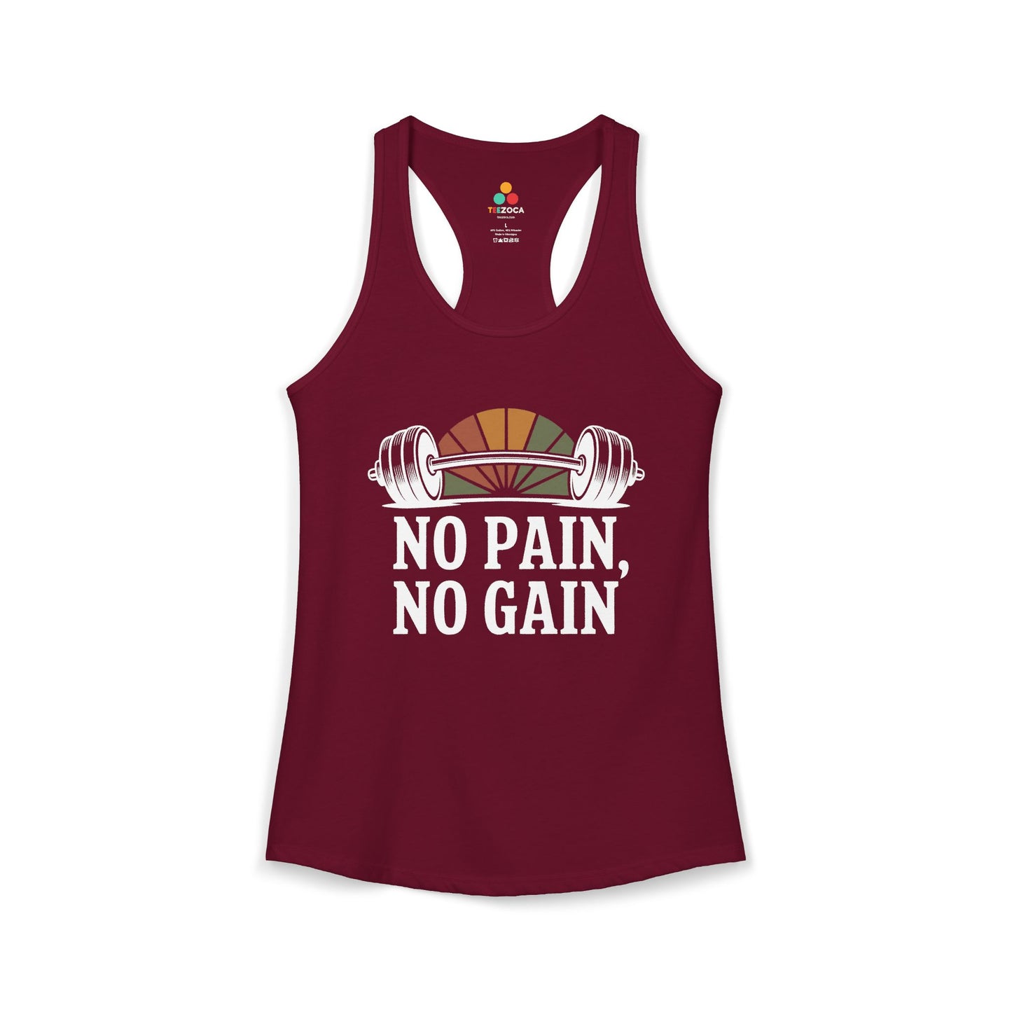 Maroon tank top with 'No Pain, No Gain' text and barbell graphic on a white background. TEEZOCA women’s gym tank top with bold strength training and fitness quote design