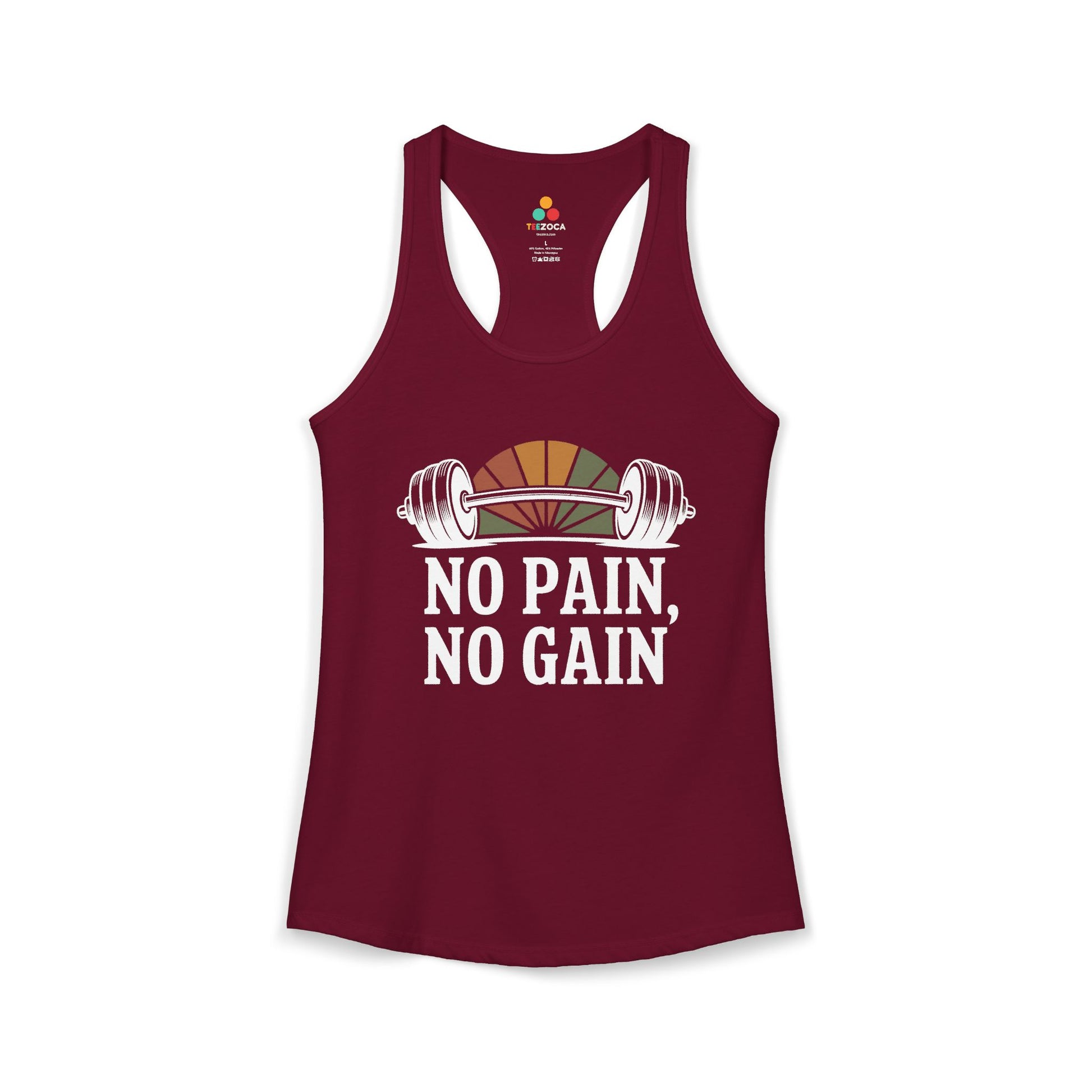 Maroon tank top with 'No Pain, No Gain' text and barbell graphic on a white background. TEEZOCA women’s gym tank top with bold strength training and fitness quote design