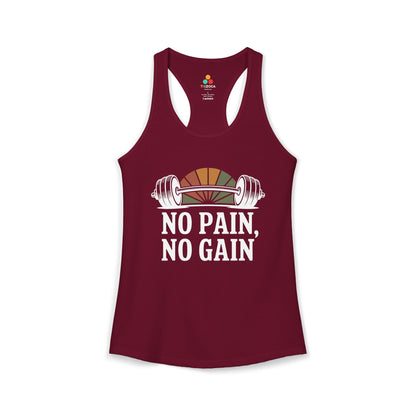 Maroon tank top with 'No Pain, No Gain' text and barbell graphic on a white background. TEEZOCA women’s gym tank top with bold strength training and fitness quote design