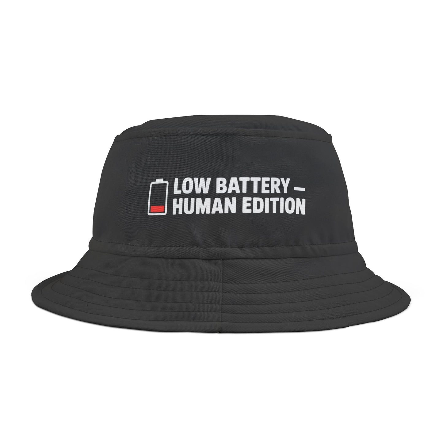 Black bucket hat with 'LOW BATTERY HUMAN EDITION' funny text on a white background. TEEZOCA