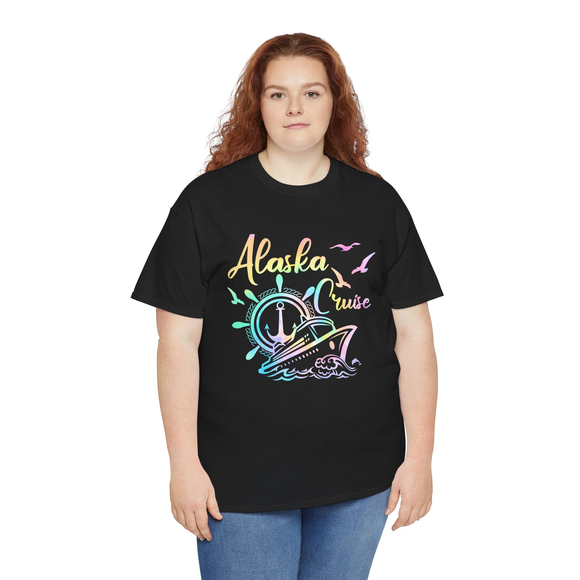 “Female model wearing Teezoca Alaska Cruise rainbow ship t-shirt, colorful vacation graphic, black unisex front.”

