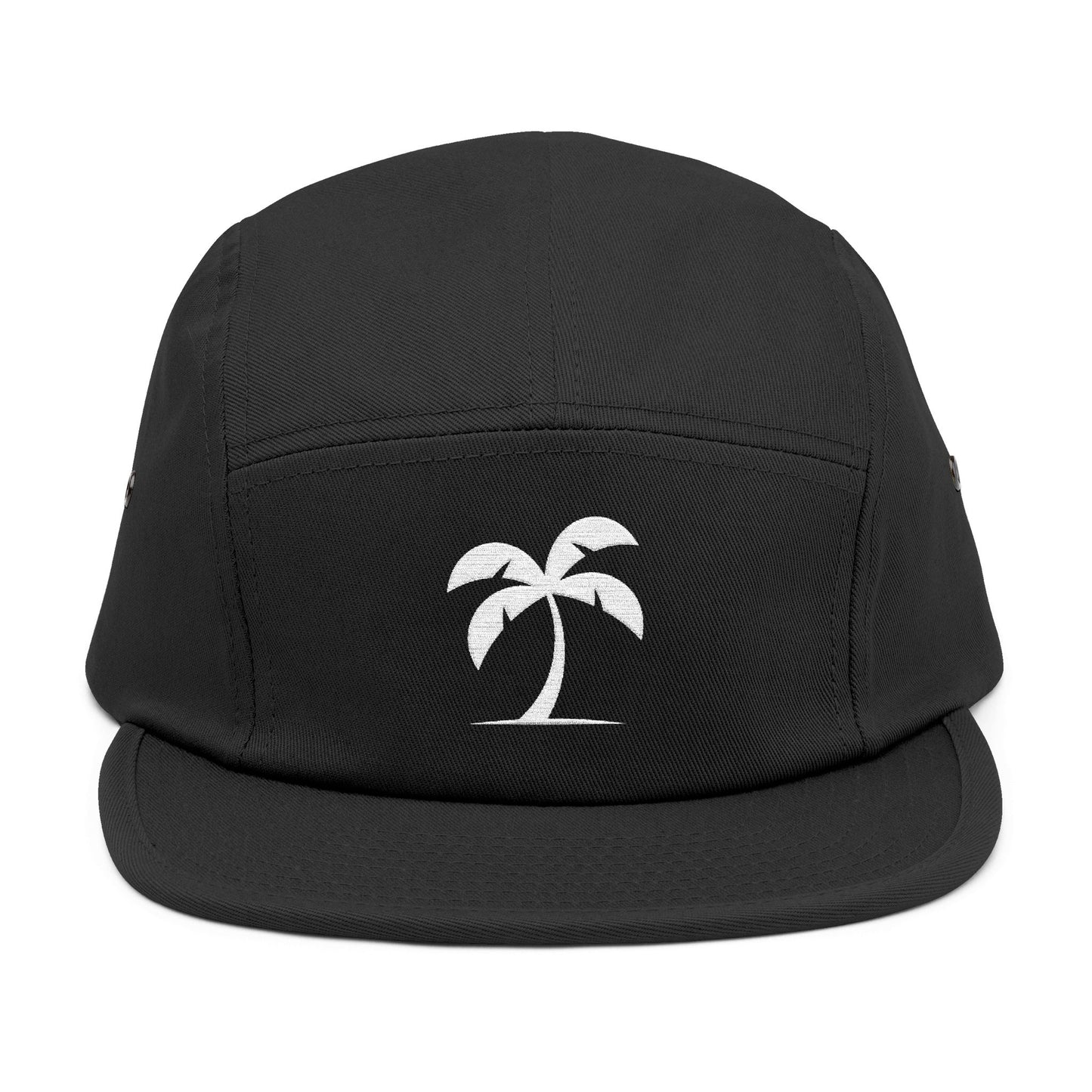 Black cap with a white palm tree design on a white background. Minimal palm tree silhouette embroidery design on 5-panel cap. TEEZOCA