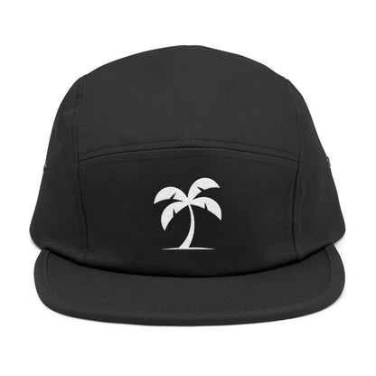 Black cap with a white palm tree design on a white background. Minimal palm tree silhouette embroidery design on 5-panel cap. TEEZOCA