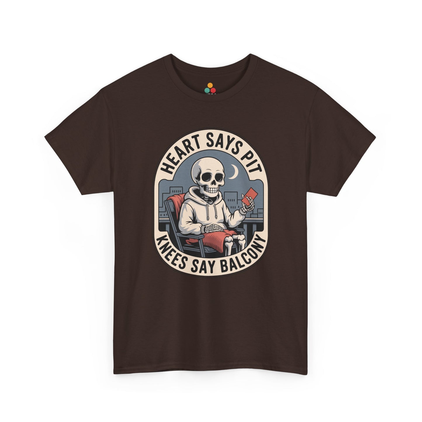 Brown t-shirt mockup with skeleton boxing gloves heart says pit knees say balcony badge, front print.​

