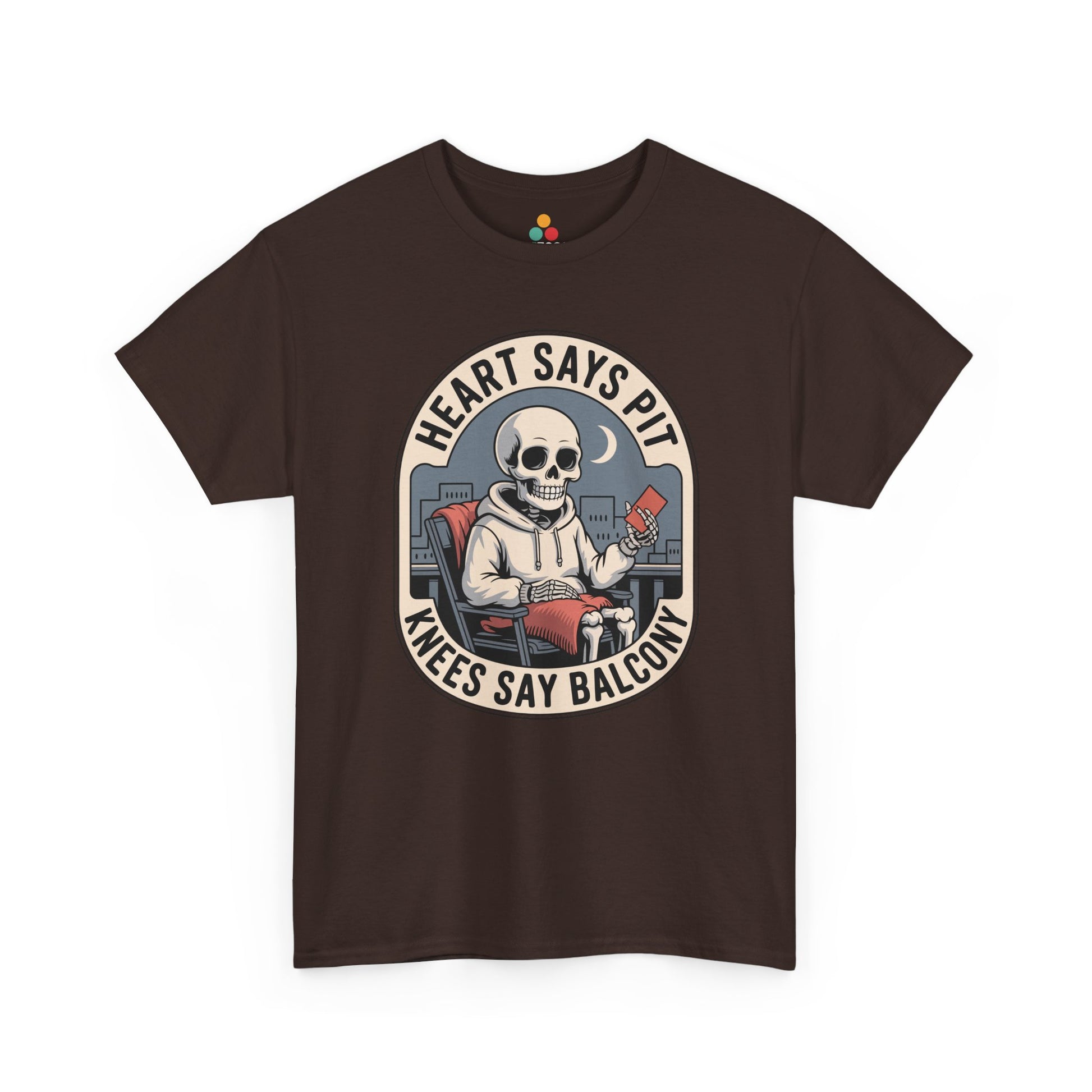 Brown t-shirt mockup with skeleton boxing gloves heart says pit knees say balcony badge, front print.​

