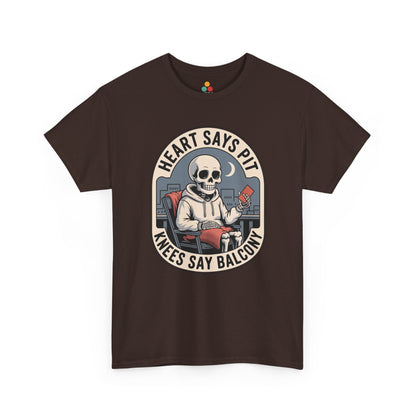 Brown t-shirt mockup with skeleton boxing gloves heart says pit knees say balcony badge, front print.​

