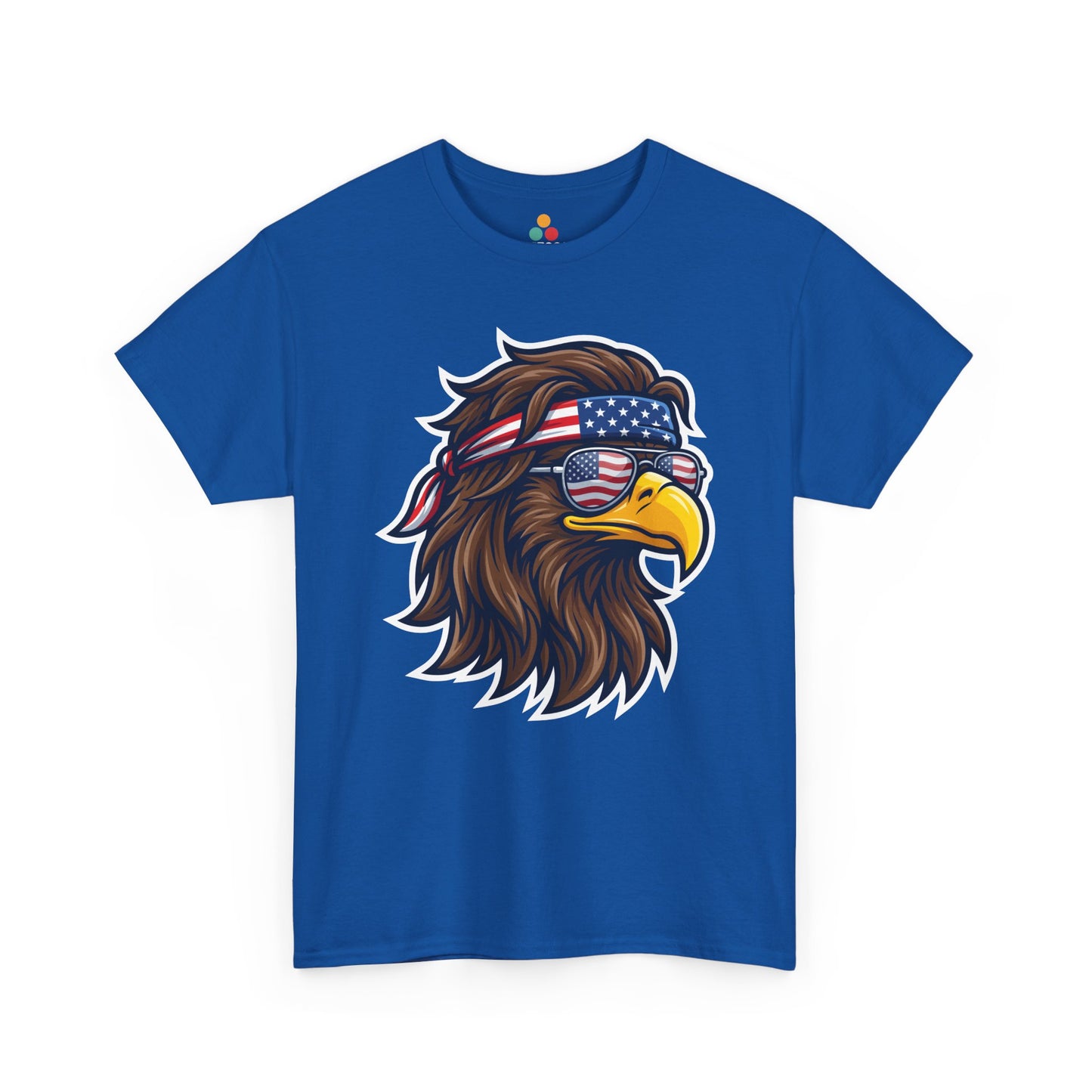 Close-up view of TEEZOCA T-Shirt featuring a fierce bald eagle wearing a USA flag bandana and star-spangled sunglasses printed on Royal blue fabric.

