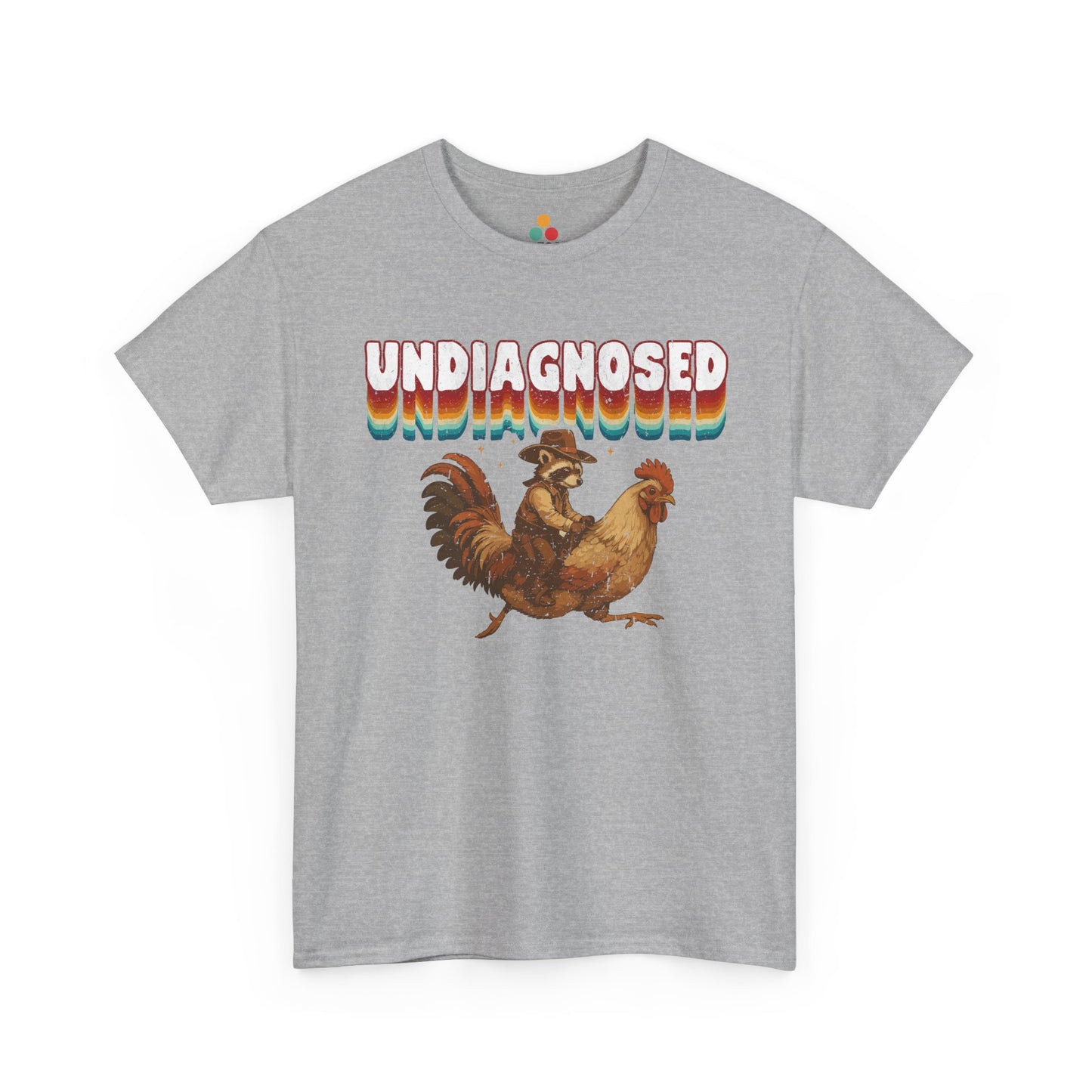 Gray t-shirt with a graphic of a rooster and text 'UNDiAGNOSED' on a white background