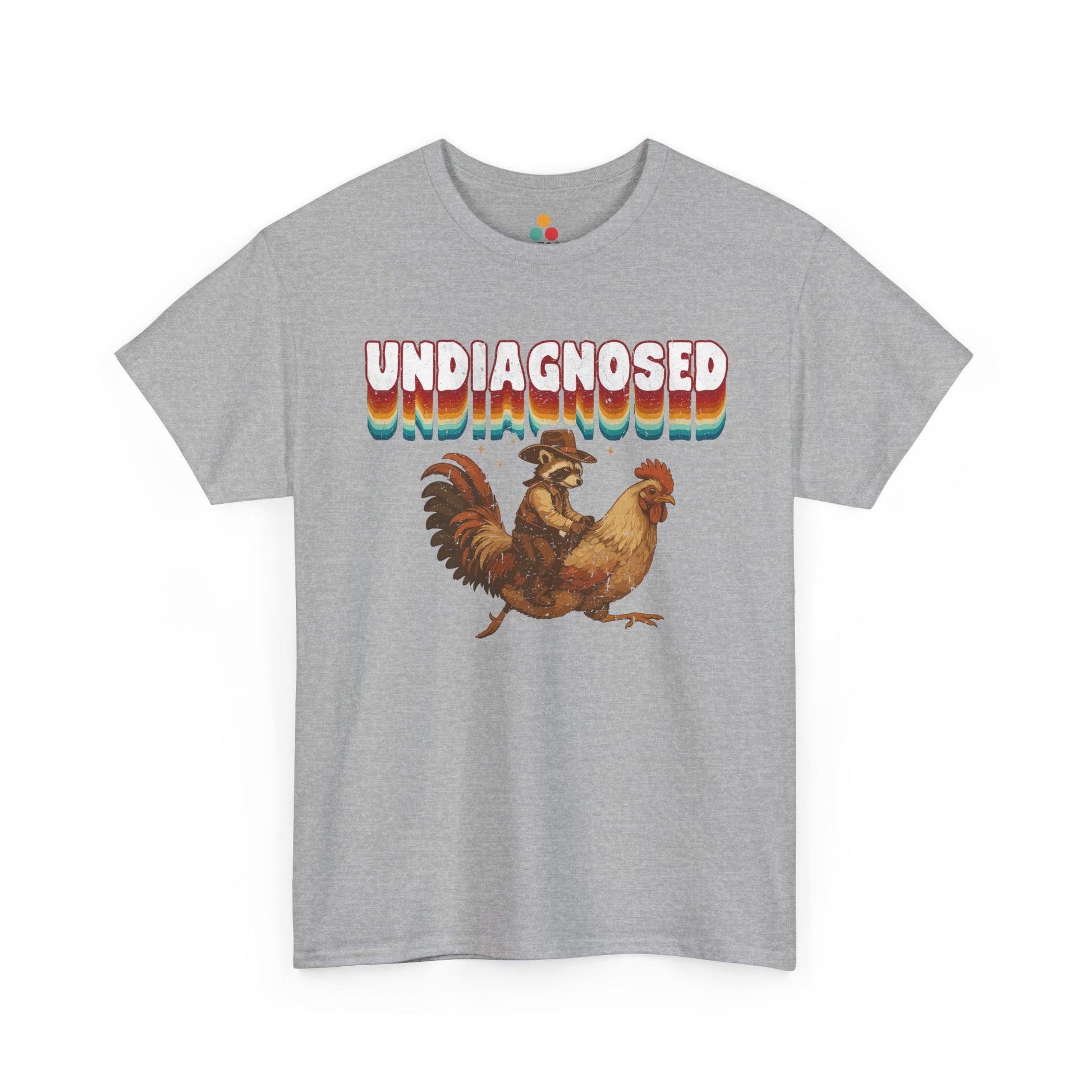 Gray t-shirt with a graphic of a rooster and text 'UNDiAGNOSED' on a white background