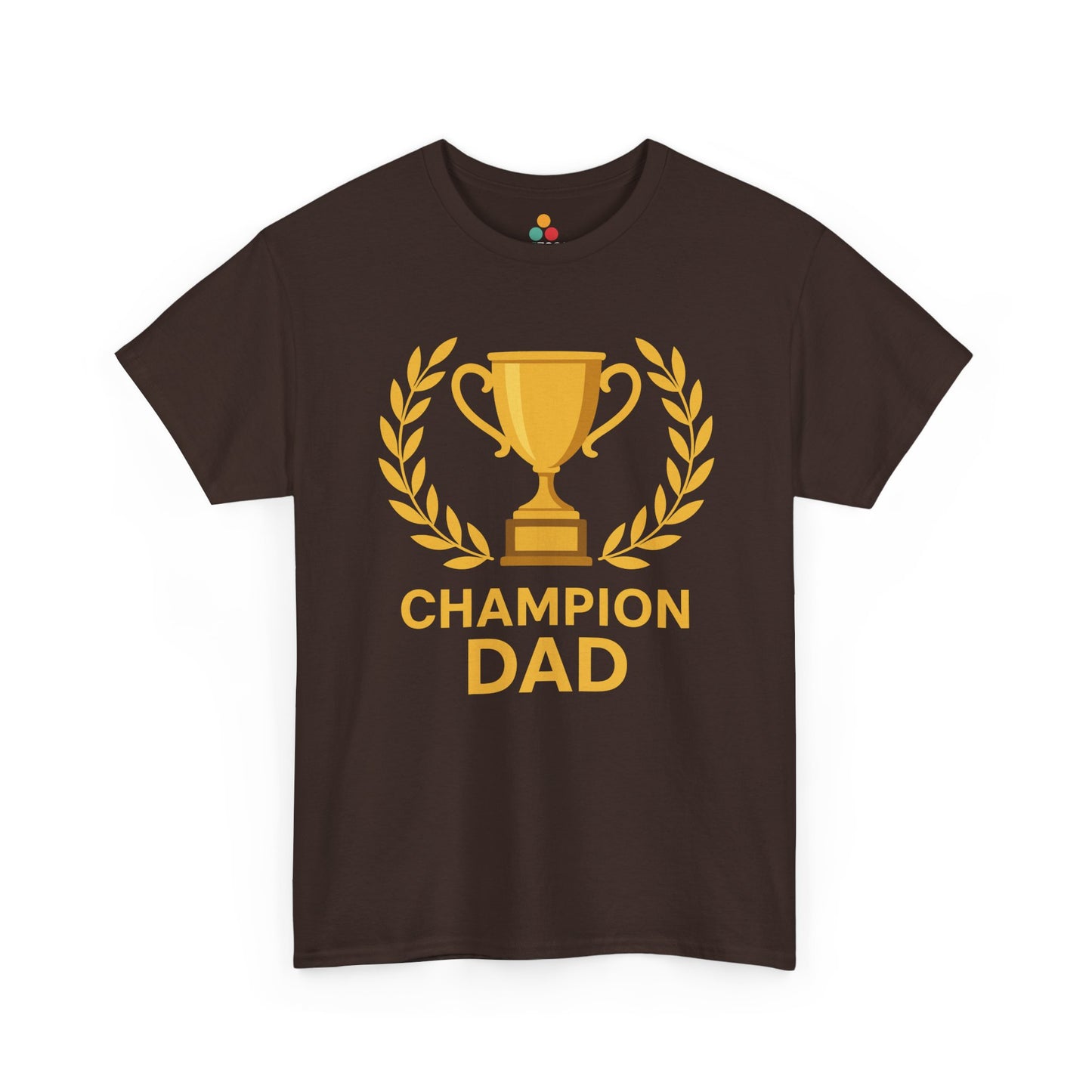 Brown t-shirt with 'Champion Dad' graphic on a white background