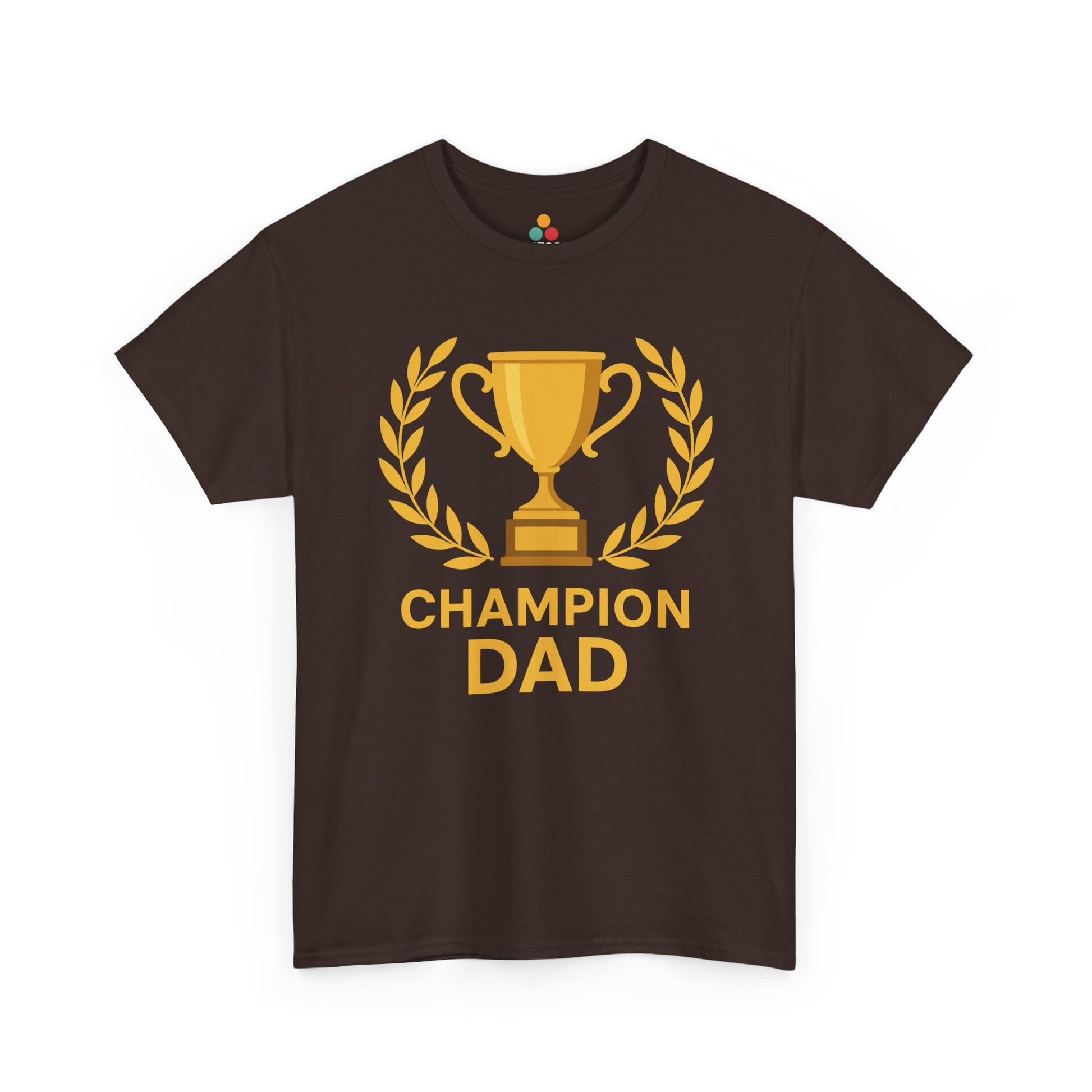 Brown t-shirt with 'Champion Dad' graphic on a white background