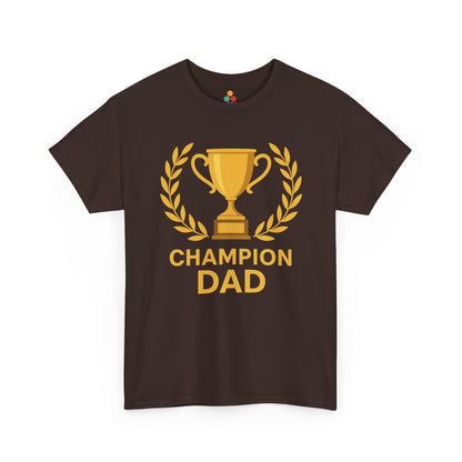 Brown t-shirt with 'Champion Dad' graphic on a white background