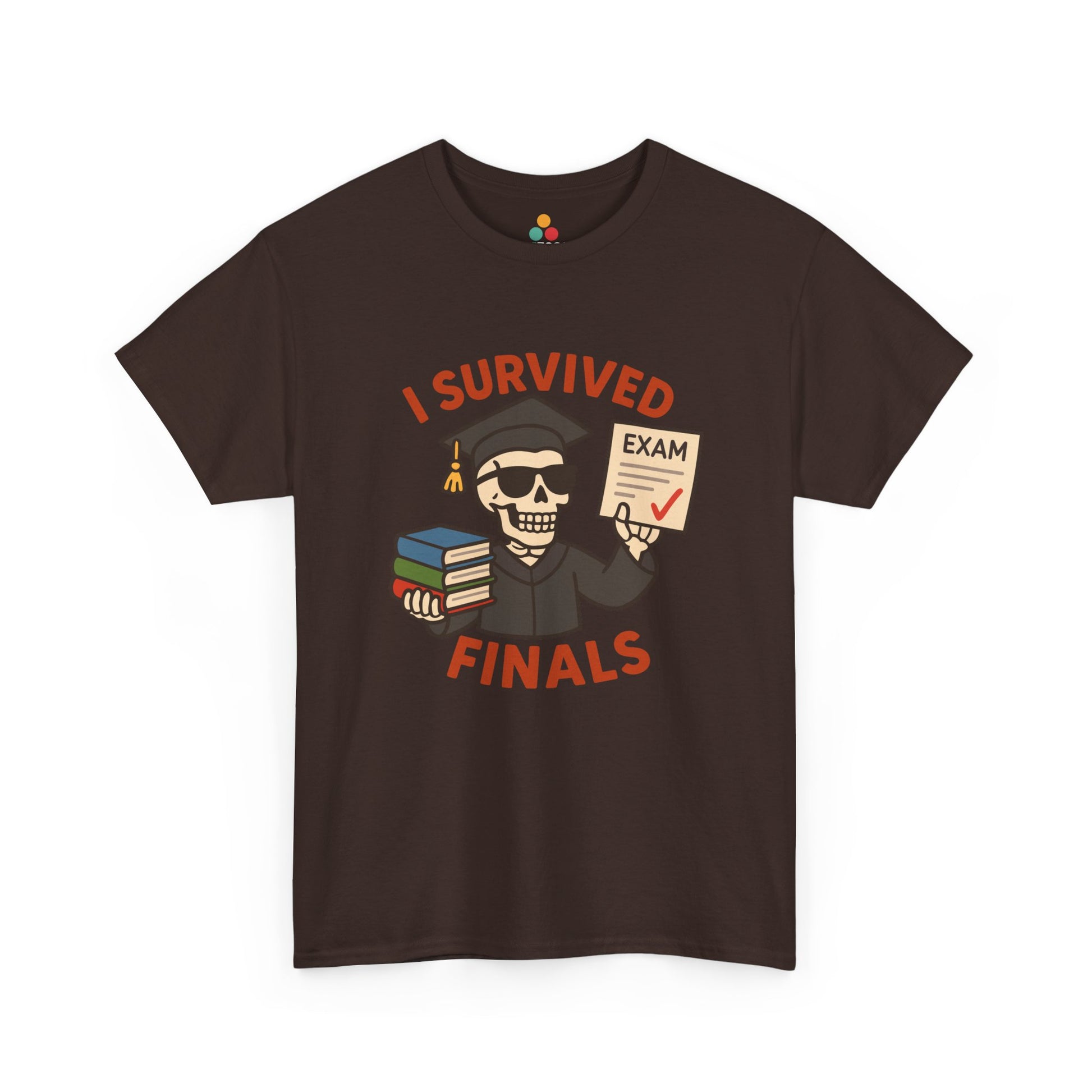 “ brown ‘I Survived Finals’ shirts featuring cartoon graduate and exam artwork, flat front view.”

