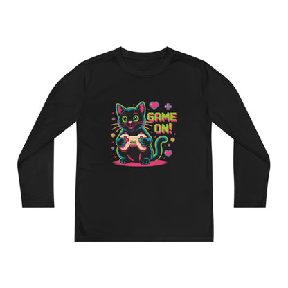 Youth Long Sleeve Tee — "Game On!" Gamer Cat Graphic TEEZOCA