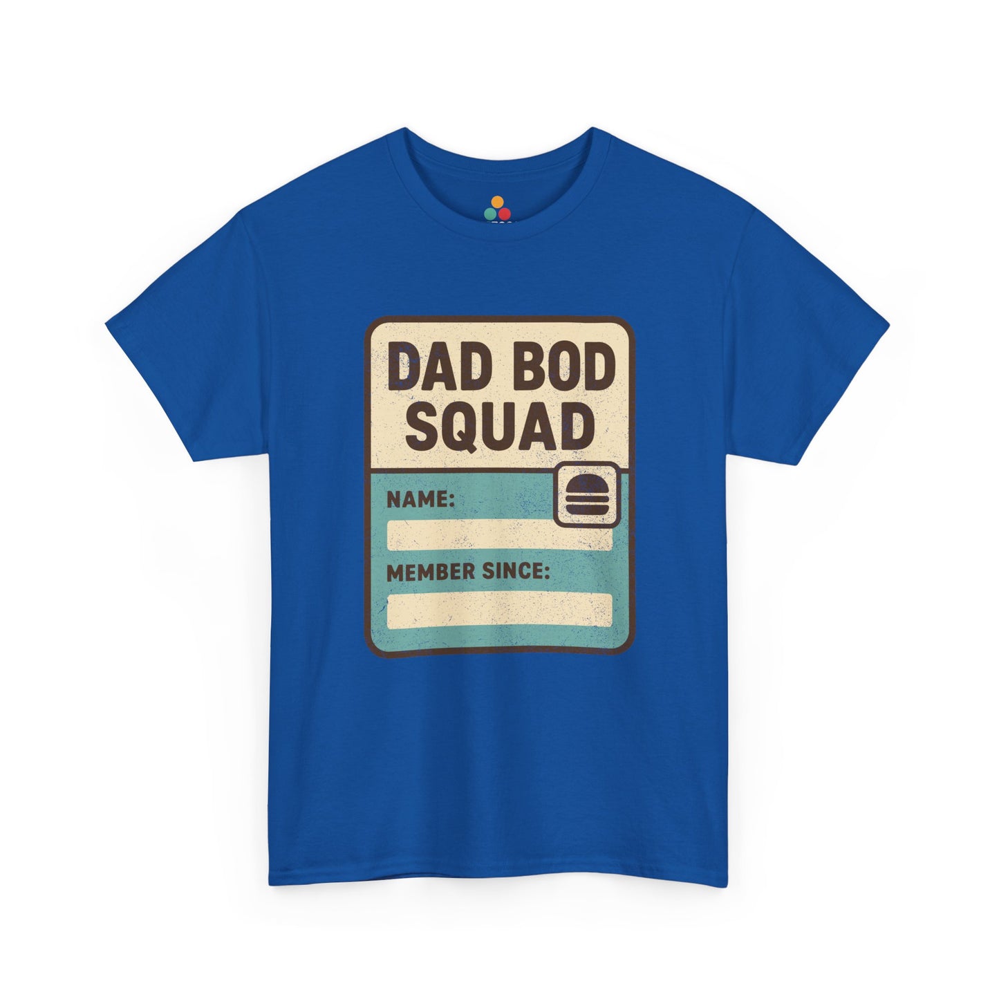 Royal blue t‑shirt with retro “Dad Bod Squad” membership card artwork, flat front