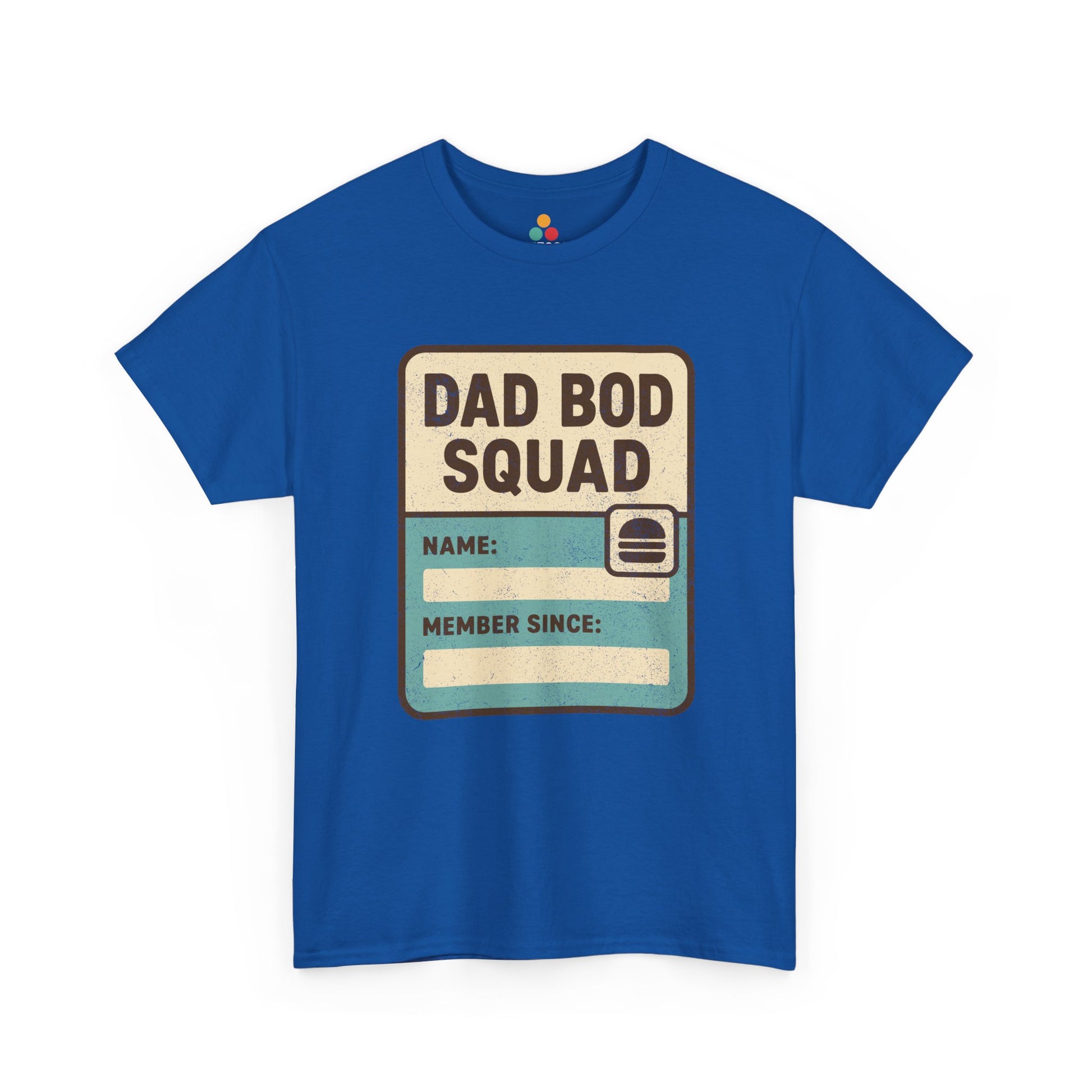 Royal blue t‑shirt with retro “Dad Bod Squad” membership card artwork, flat front