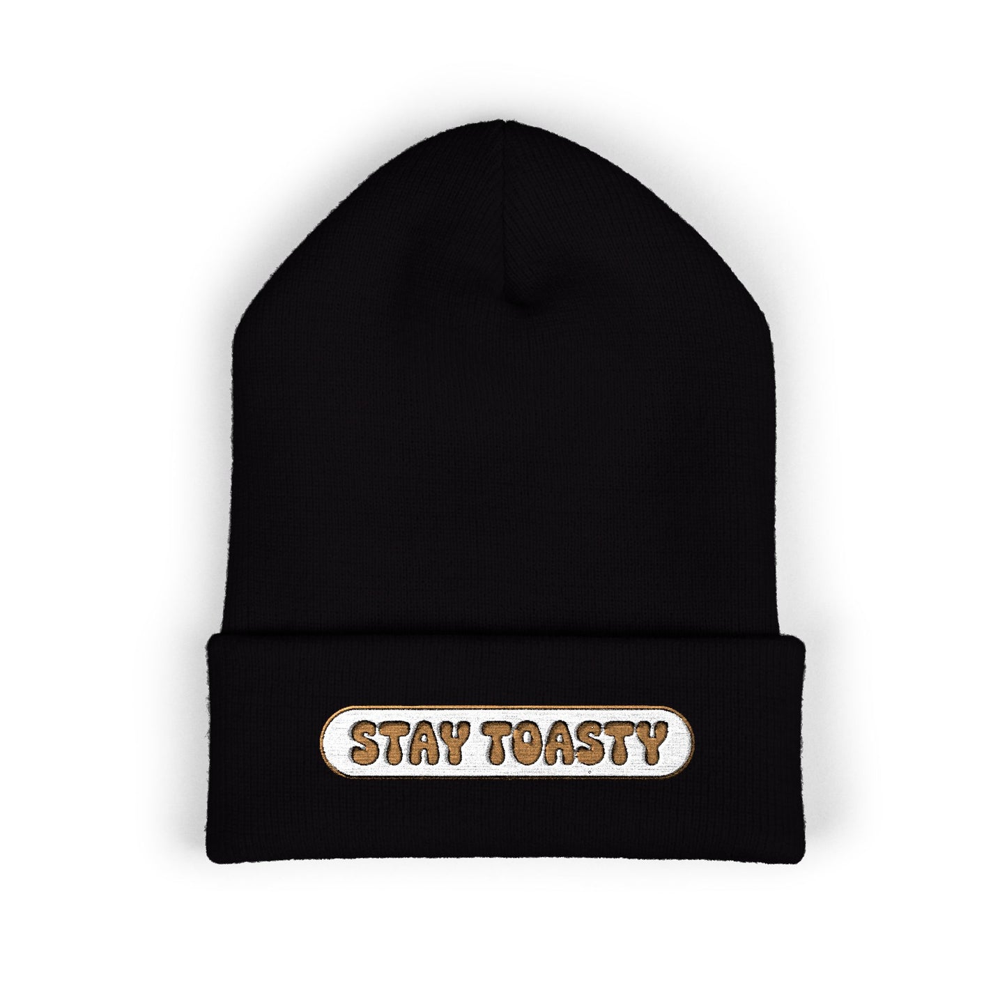 Black beanie with 'Stay Toasty' text on a white background