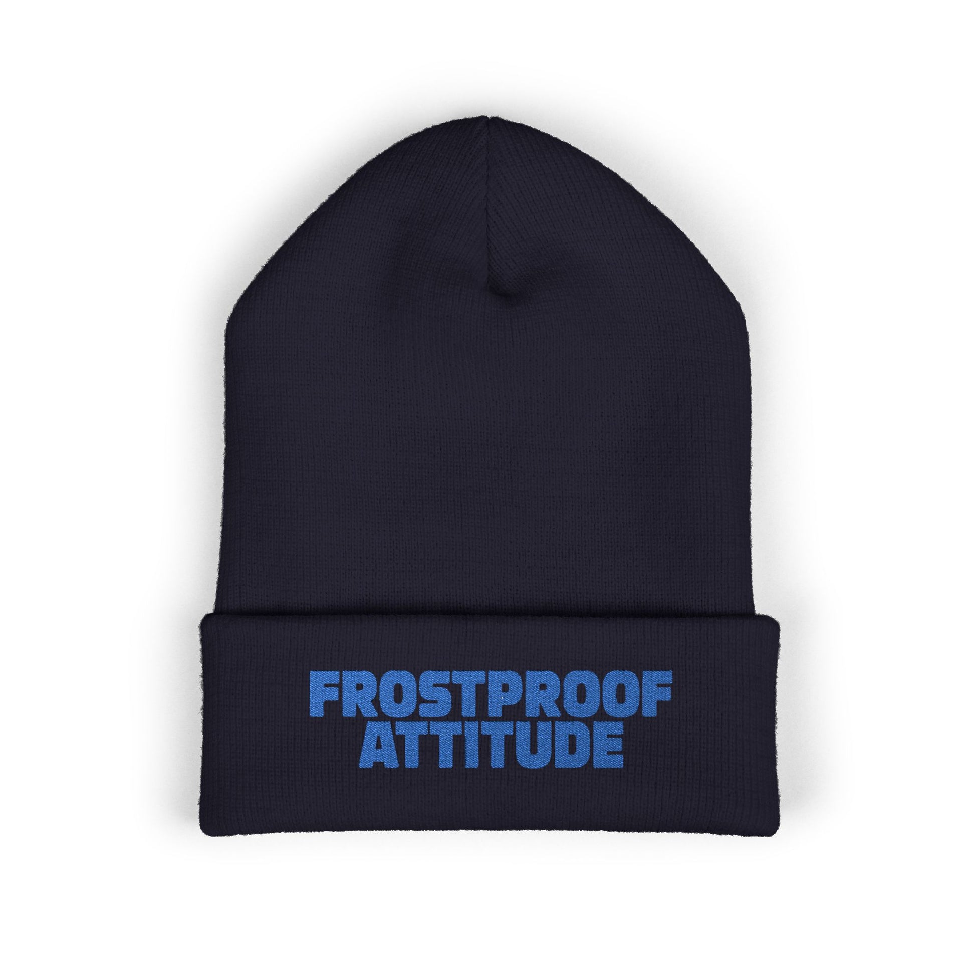 White cuffed beanie with bold blue Frostproof Attitude embroidered text
