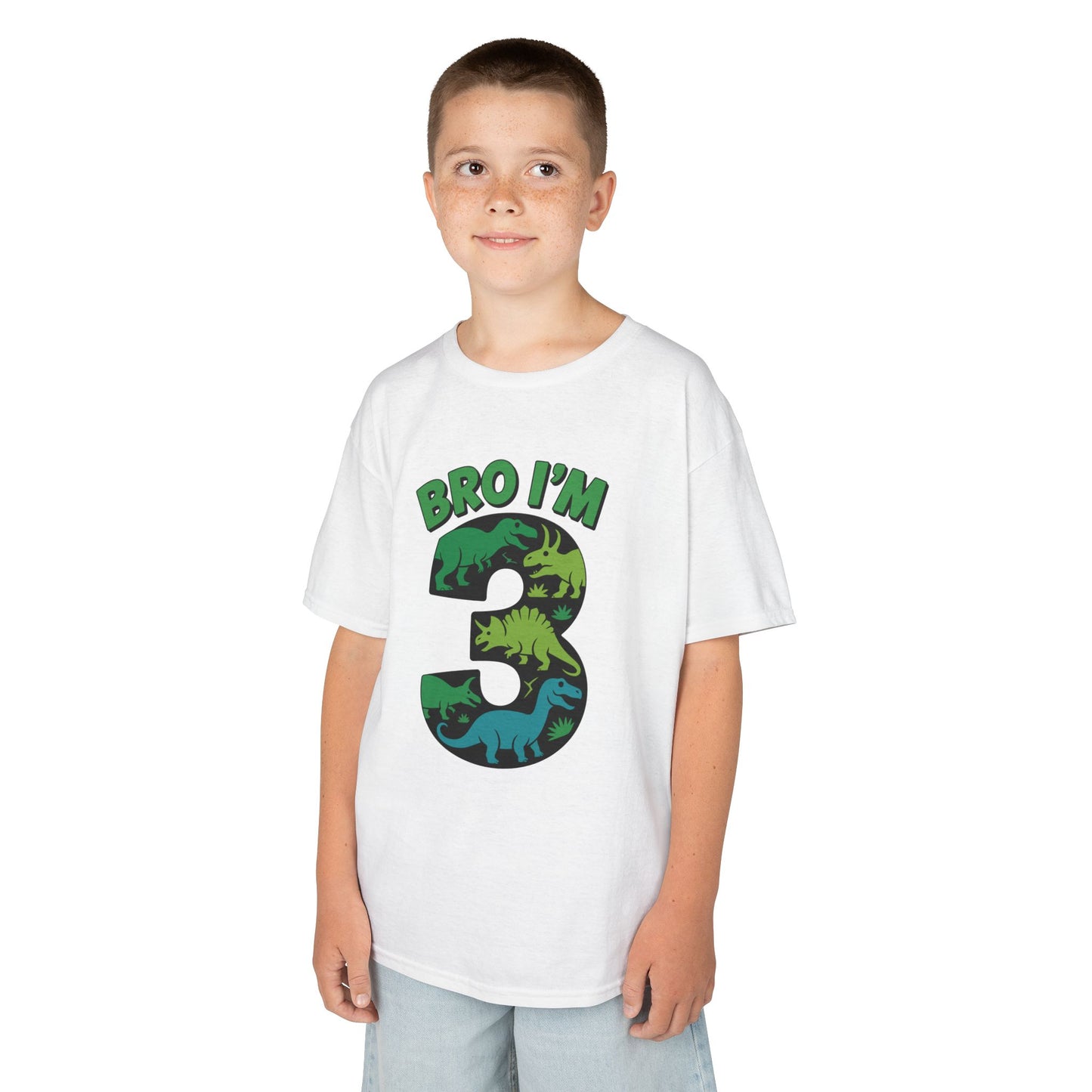 "Child wearing white 'Bro I'm 3' dinosaur birthday t‑shirt, front view."

