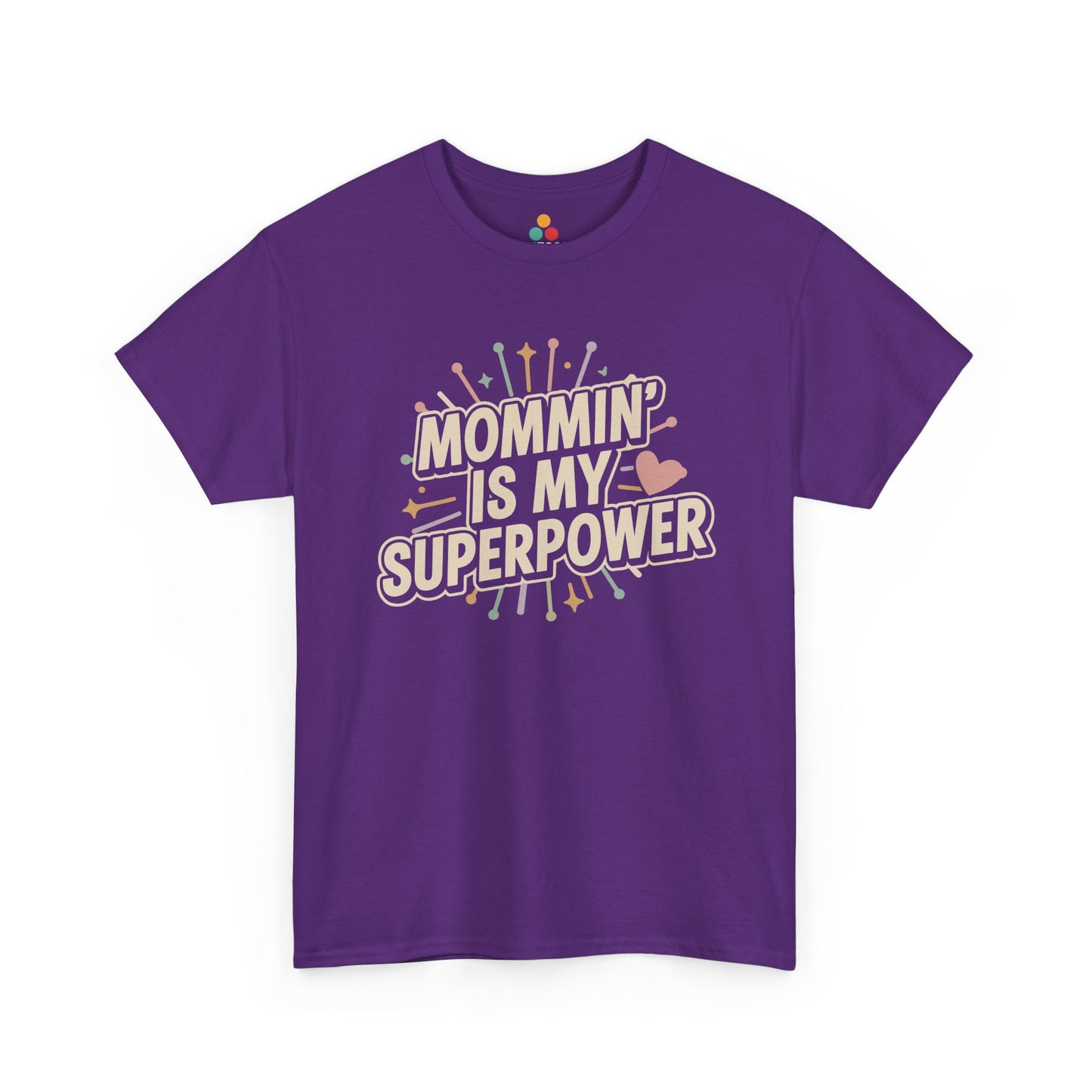 TEEZOCA purple "Mommin' Is My Superpower" strong mom graphic tee displayed flat.