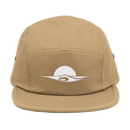 Beige cap with a white logo on a white background. Minimal sunset and wave outline embroidered on a 5-panel cap by TEEZOCA