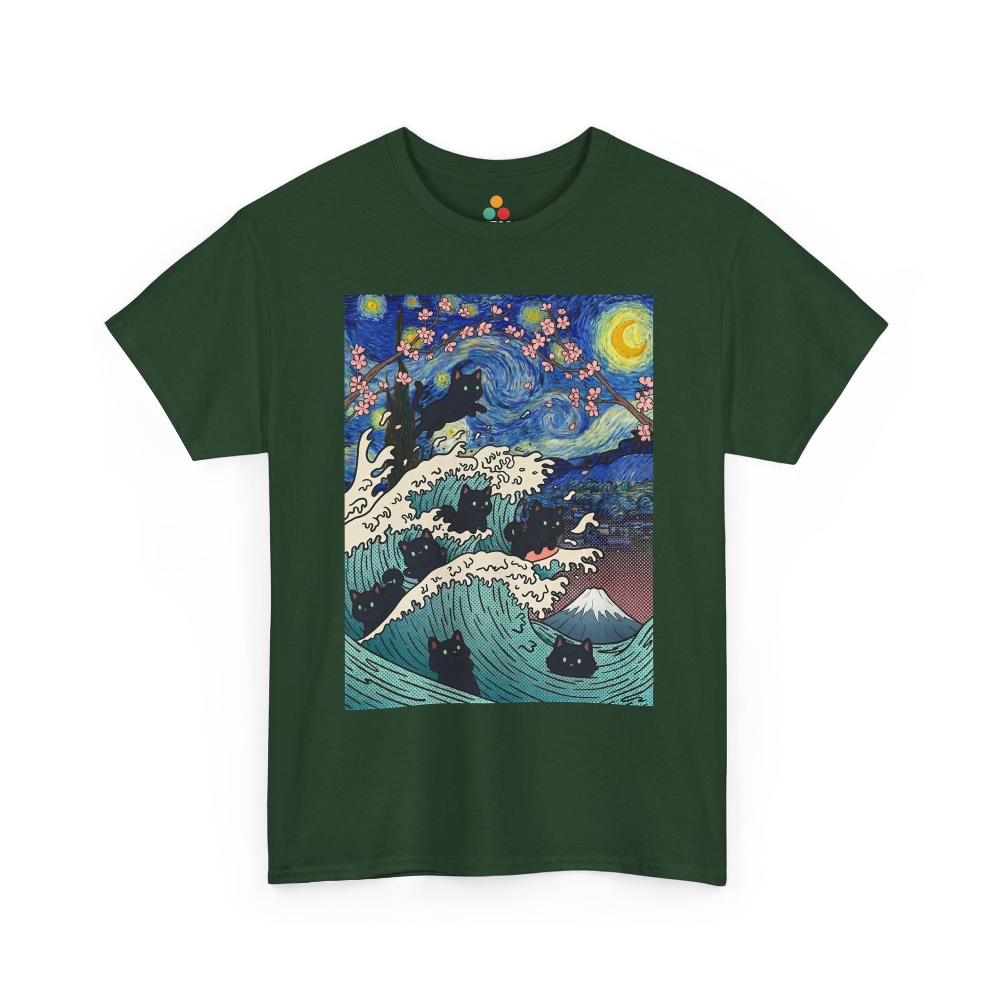 Van Gogh Starry Night Black Cat Wave T-Shirt – Aesthetic Impressionism Inspired Fine Art Tee | TEEZOCA 