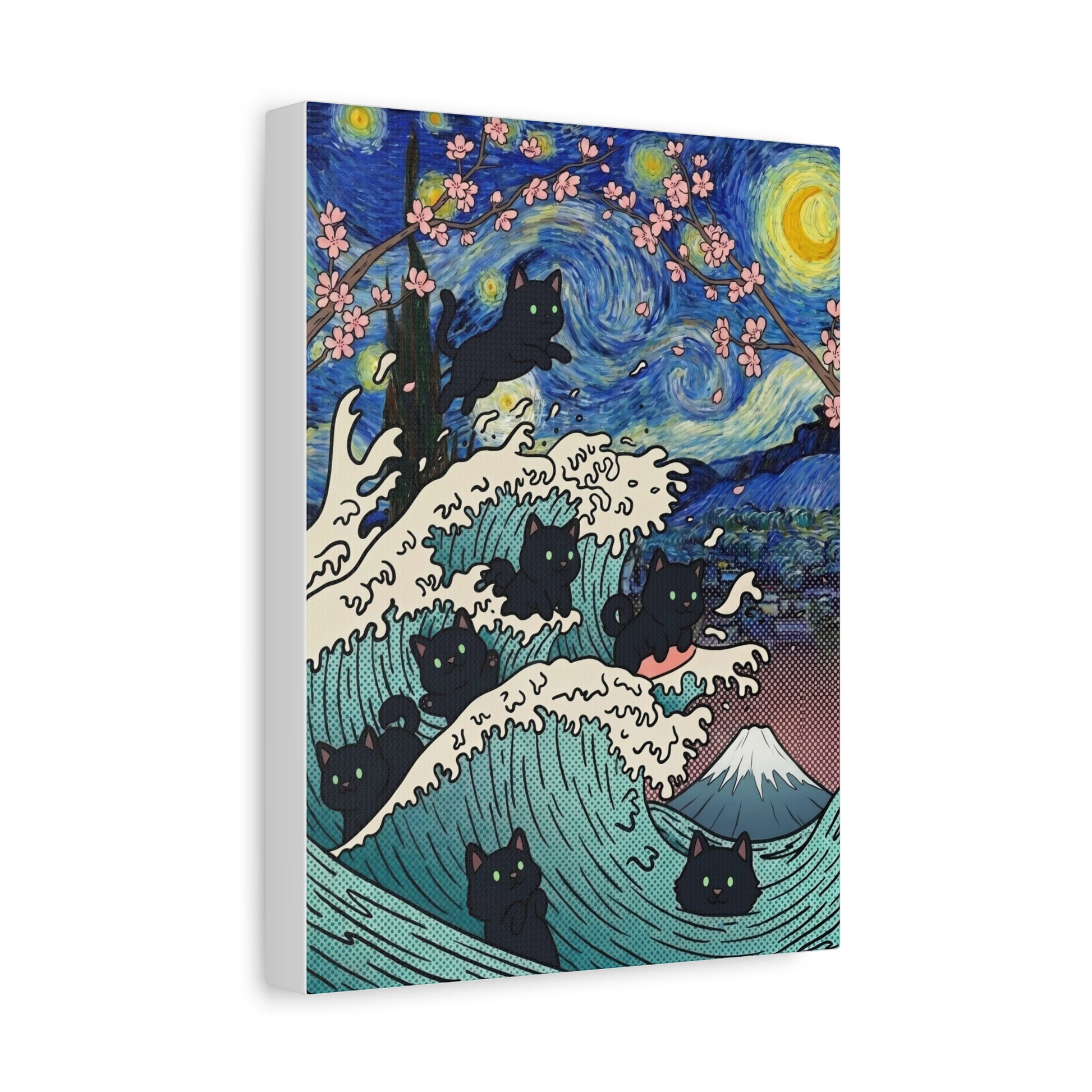 Starry Night Black Cat Wave Canvas Art – Aesthetic Fine Art Decor | TEEZOCA 