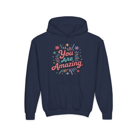 Kids hoodie with colorful “You Are Amazing” positive message design TEEZOCA