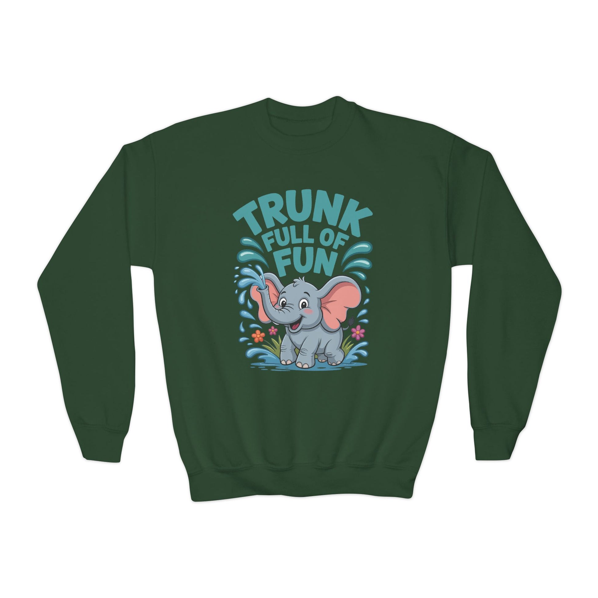 Youth Crewneck Sweatshirt — "Trunk Full of Fun" Playful Elephant Kids Pullover TEEZOCA