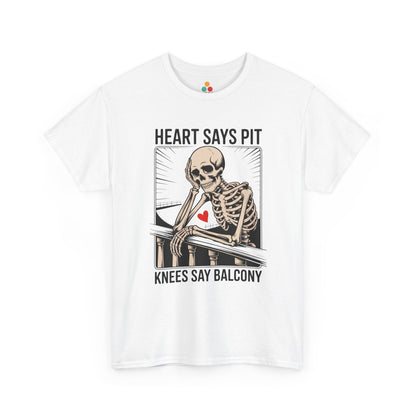 White t-shirt mockup with “Heart Says Pit Knees Say Balcony” skeleton leaning on balcony graphic, front print.