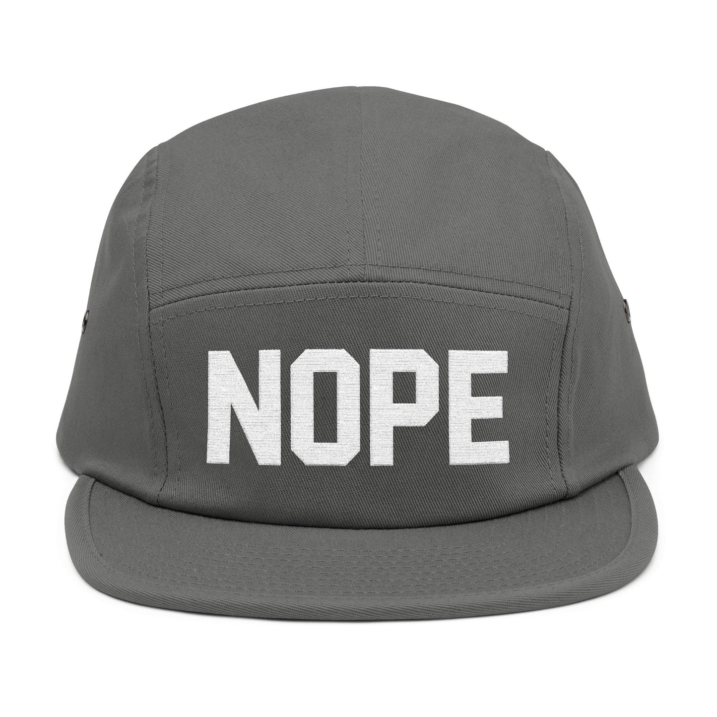 Gray cap with 'NOPE' text on a white background. NOPE bold minimal typography embroidery design on cap. TEEZOCA