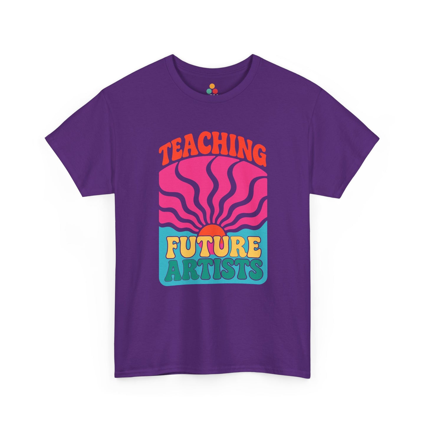 Purple t-shirt with colorful graphic and text 'Teaching Future Artists' on a white background