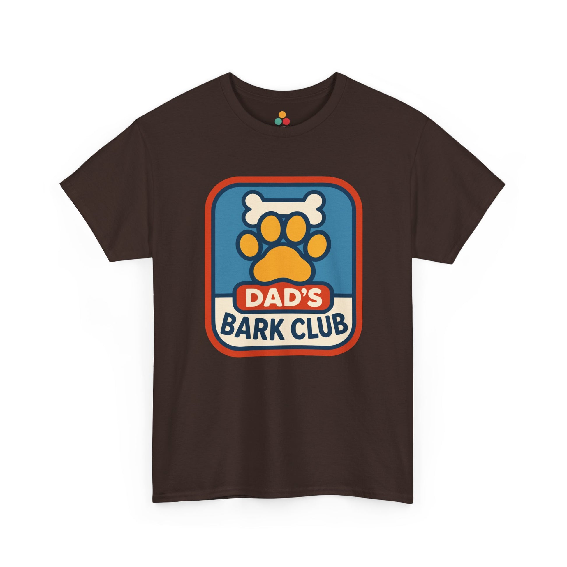 "Brown 'Dad's Bark Club' shirts with dog paw and bone badge design, flat front view."

