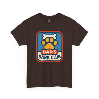 "Brown 'Dad's Bark Club' shirts with dog paw and bone badge design, flat front view."

