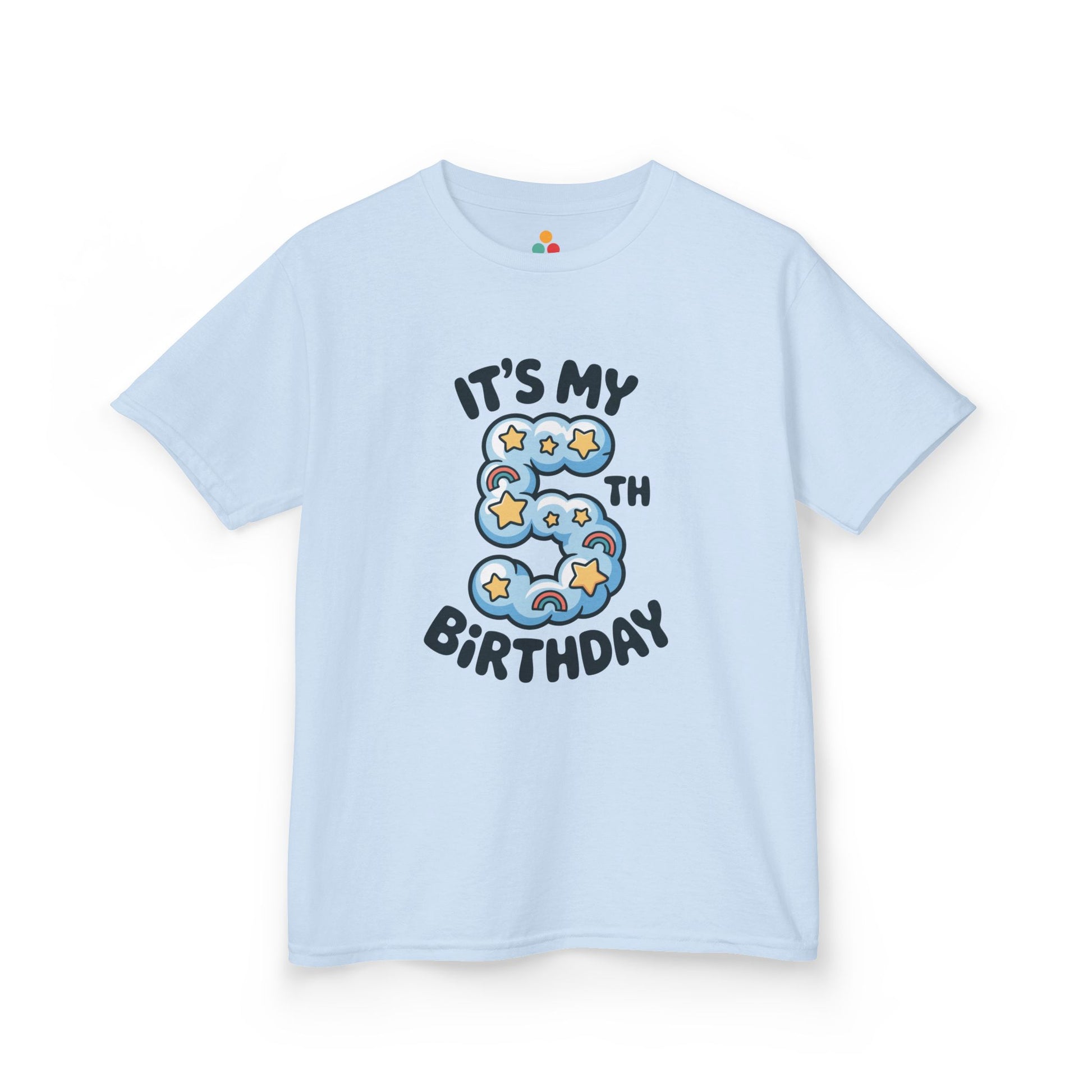  Light blue kids’ t‑shirt with blue cloud number 5, yellow stars, mini rainbows, and “It’s My 5th Birthday” text, flat front view.