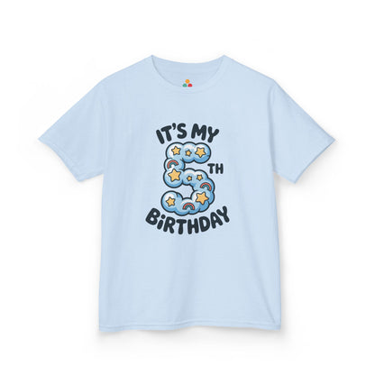  Light blue kids’ t‑shirt with blue cloud number 5, yellow stars, mini rainbows, and “It’s My 5th Birthday” text, flat front view.
