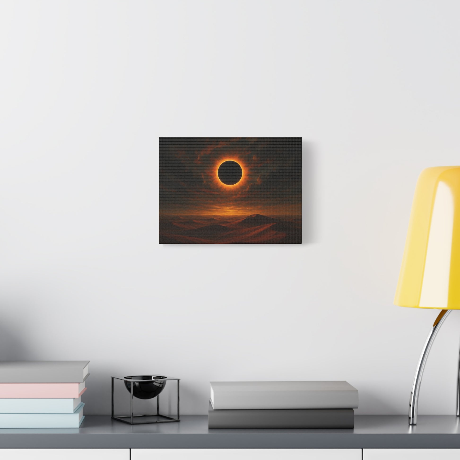 TEEZOCA moody eclipse desert canvas print featured in a bright modern apartment