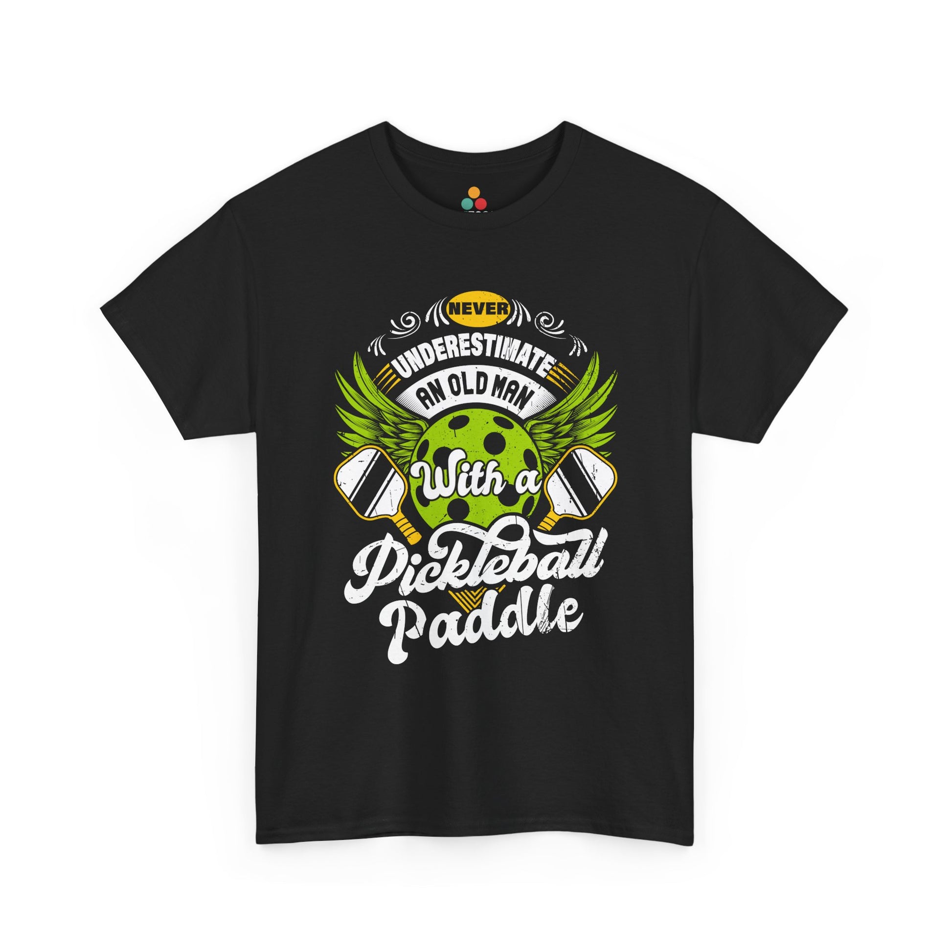 “Teezoca Never Underestimate an Old Man with a Pickleball Paddle shirt, winged green pickleball and crossed paddles graphic, black tee, front view.”


