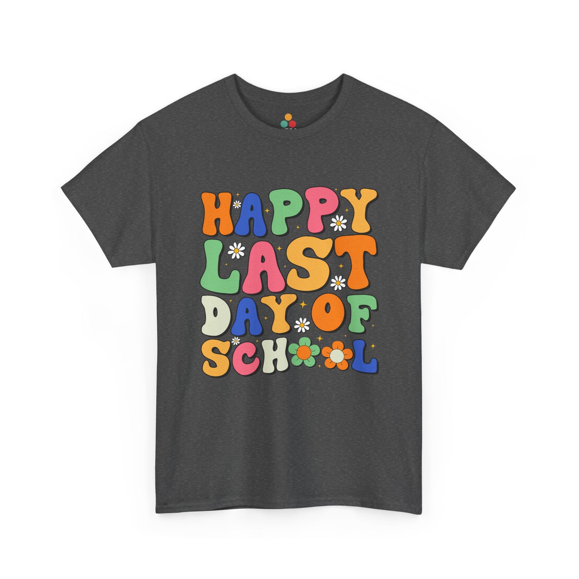 Gray t-shirt with colorful 'Happy Last Day of School' text on a white background