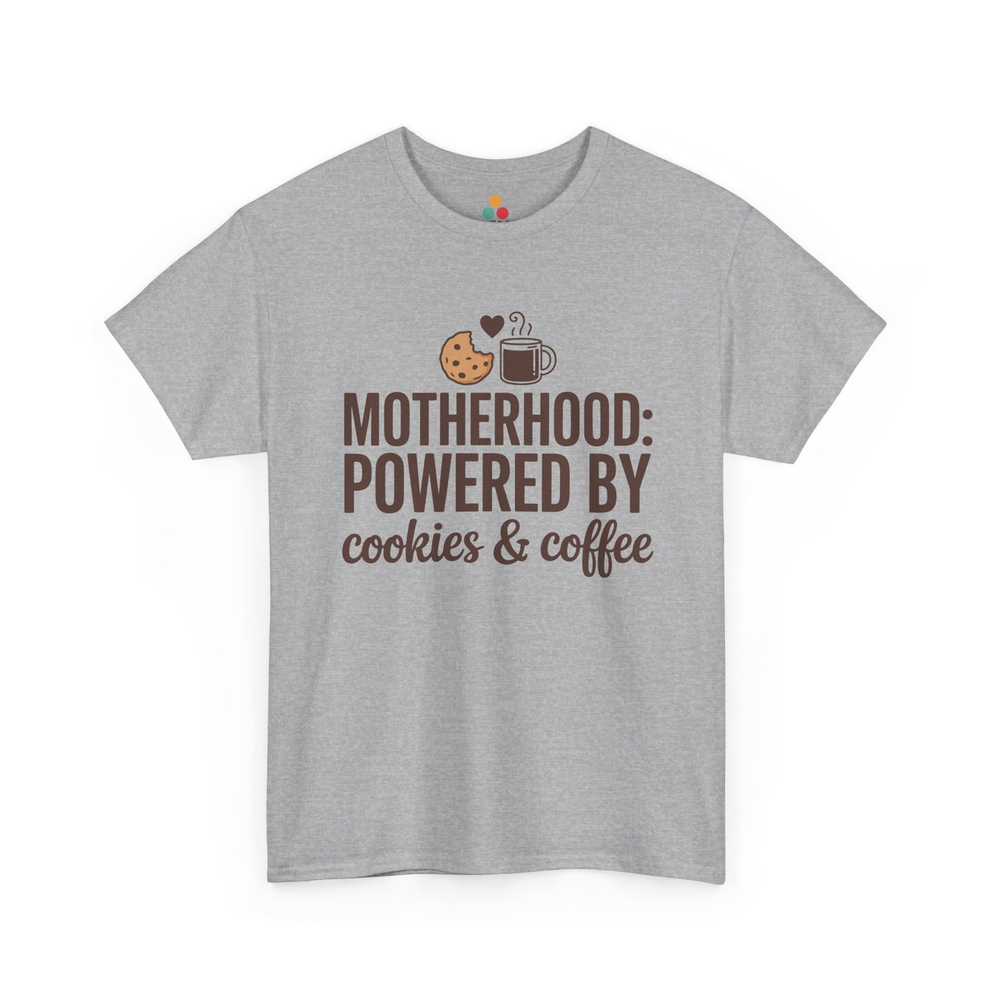TEEZOCA light gray “Motherhood: Powered By Cookies & Coffee” mom life t‑shirt displayed flat.