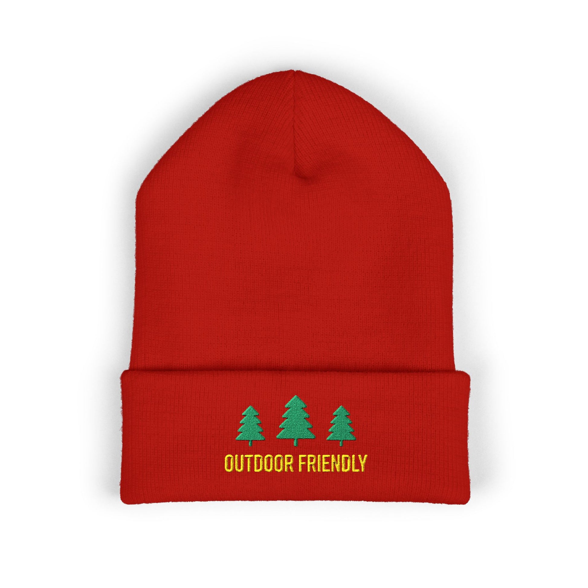 Red beanie with green trees and 'Outdoor Friendly' text on a white background