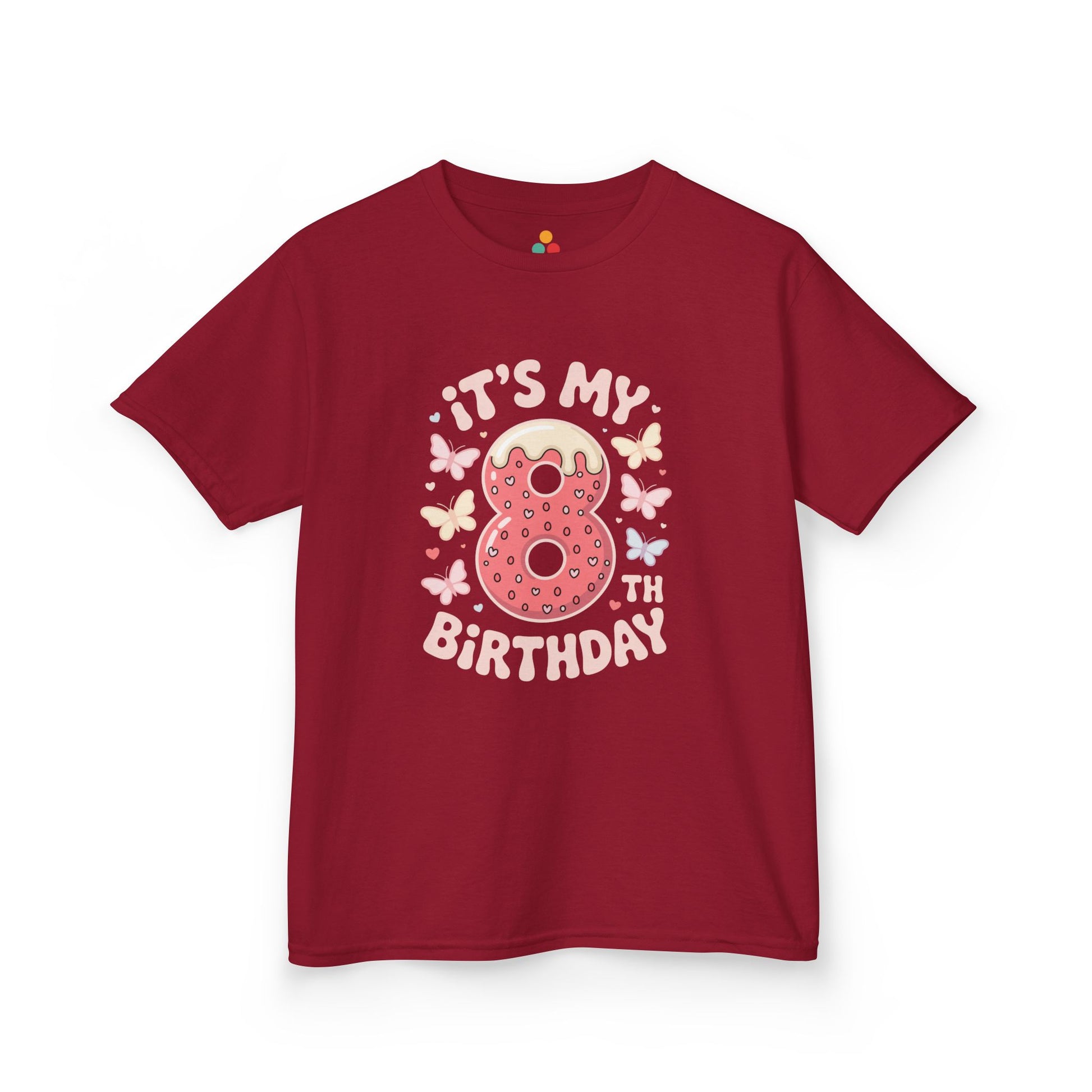 “Red 8th birthday shirt featuring donut number 8 with butterflies and hearts, ‘It’s My 8th Birthday’ text, flat view.”

