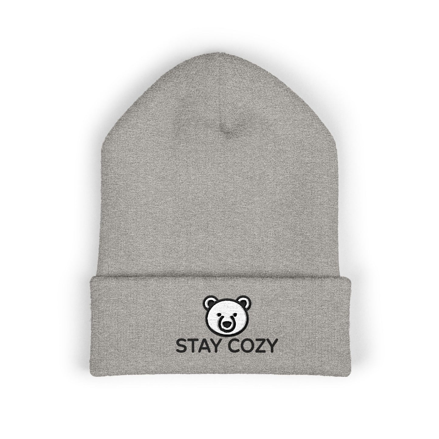 Gray beanie with 'Stay Cozy' logo on a white background