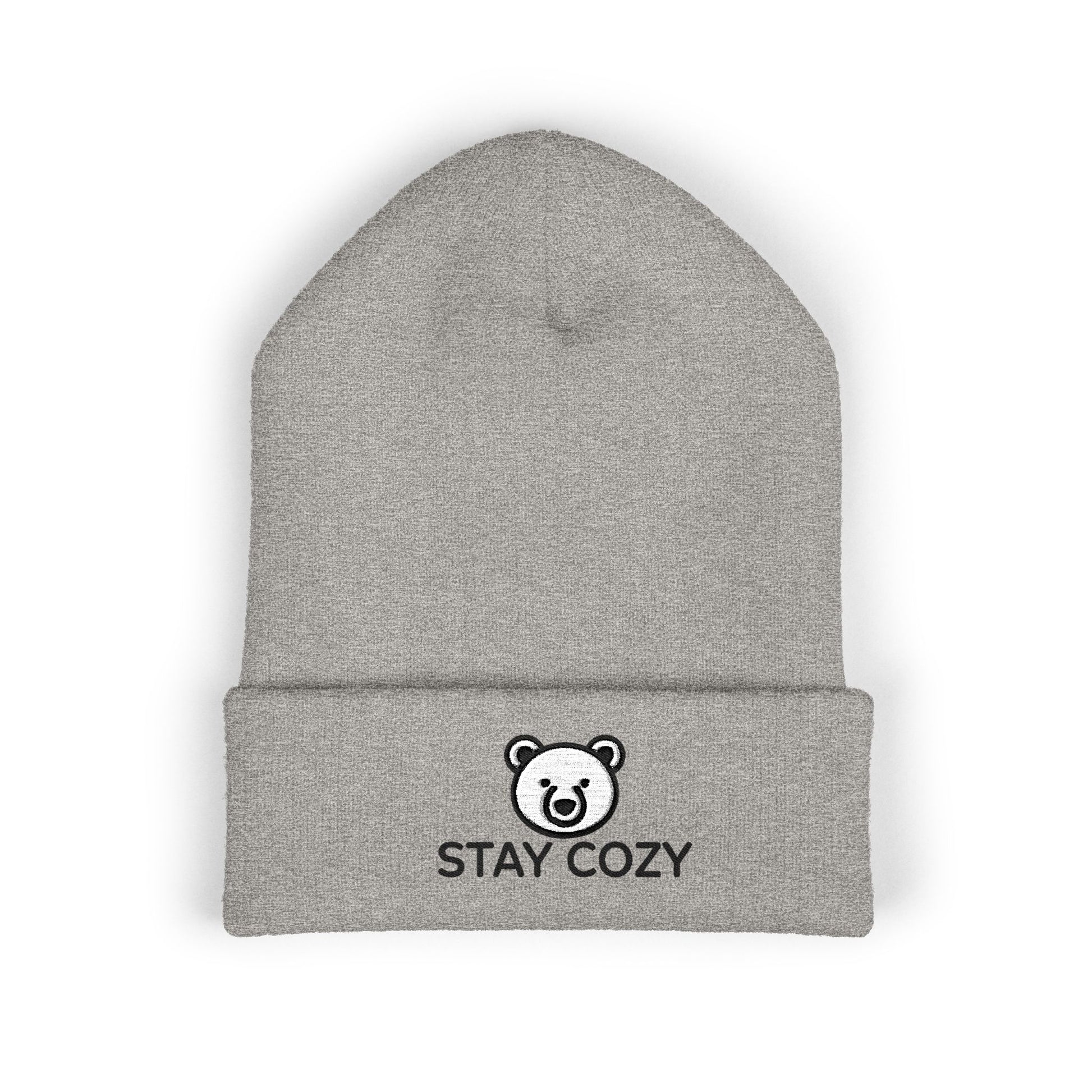 Gray beanie with 'Stay Cozy' logo on a white background