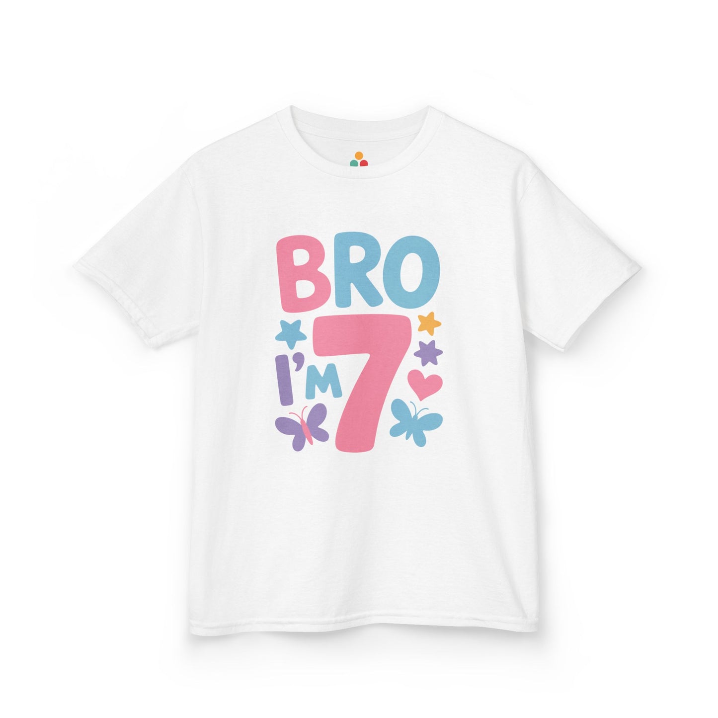 "White Teezoca Bro I'm 7 t-shirt, cute colorful sibling birthday design, front view.