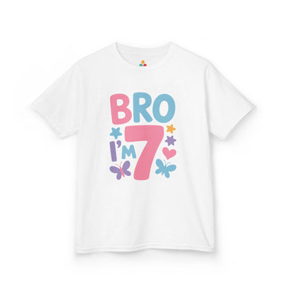 "White Teezoca Bro I'm 7 t-shirt, cute colorful sibling birthday design, front view.