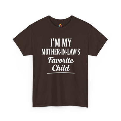 “Teezoca dark green I’m My Mother‑In‑Law’s Favorite Child shirt, funny in‑law quote design, front.”

