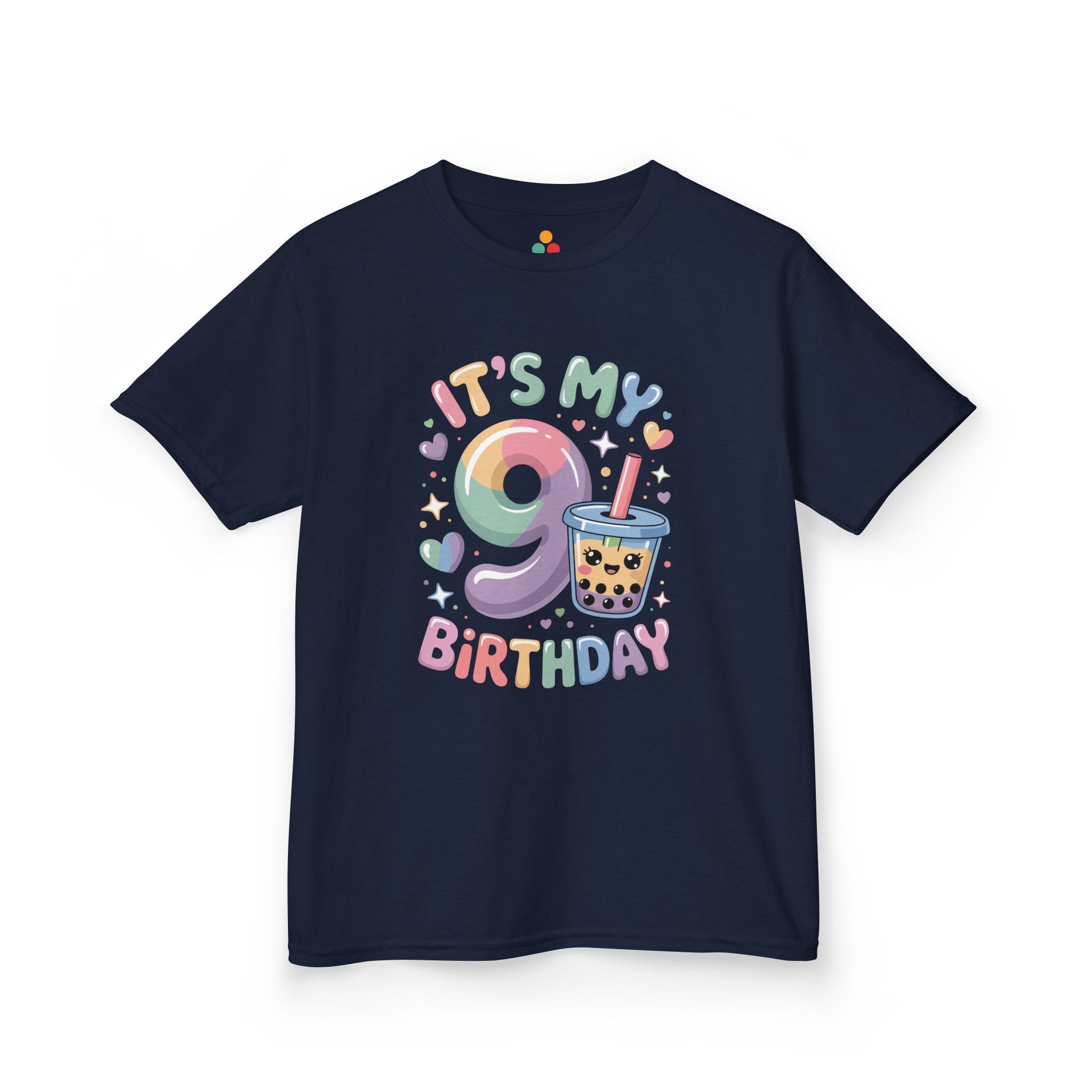 "Navy blue 'It's My 9th Birthday' shirt featuring pastel gradient 9 and smiling boba tea cup, flat display."

